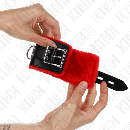 KINK - FUR LINED WRIST RESTRAINTS WITH SQUARE HOLES RED AND BLACK BELT ADJUSTABLE 17-29 CM X 6 CM - My naughty haven #