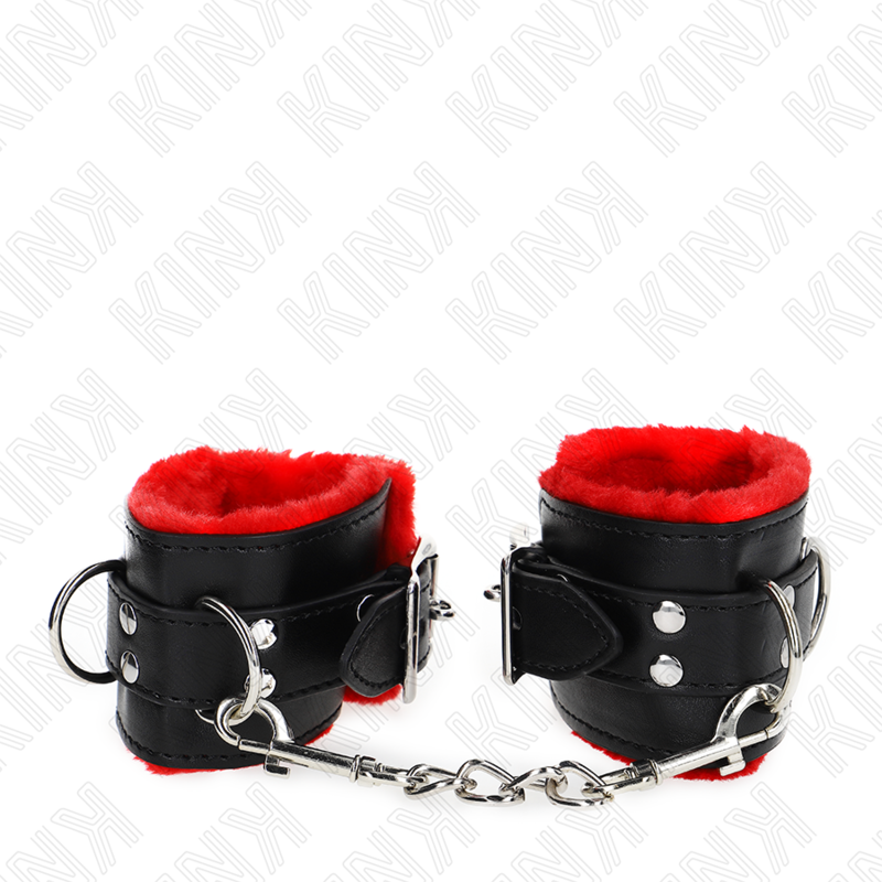 KINK - FUR LINED WRIST RESTRAINTS WITH SQUARE HOLES RED AND BLACK BELT ADJUSTABLE 17-29 CM X 6 CM - My naughty haven #