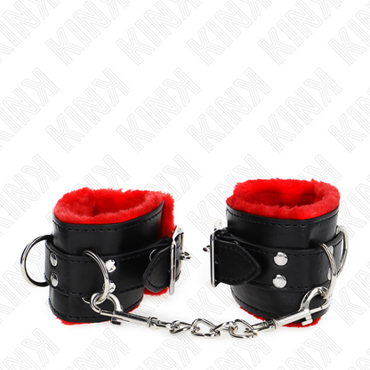 KINK - FUR LINED WRIST RESTRAINTS WITH SQUARE HOLES RED AND BLACK BELT ADJUSTABLE 17-29 CM X 6 CM - My naughty haven #