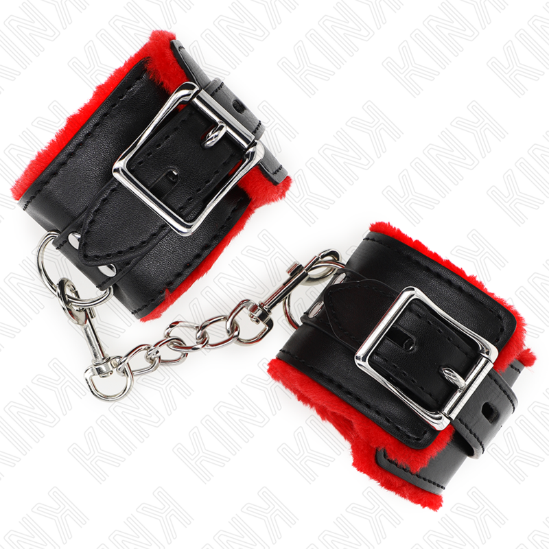 KINK - FUR LINED WRIST RESTRAINTS WITH SQUARE HOLES RED AND BLACK BELT ADJUSTABLE 17-29 CM X 6 CM - My naughty haven #