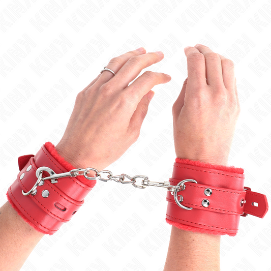 KINK - FUR LINED WRIST RESTRAINTS WITH SQUARE HOLES RED AND RED BELT ADJUSTABLE 17-29 CM X 6 CM - My naughty haven #