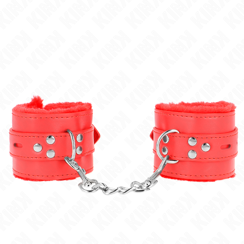 KINK - FUR LINED WRIST RESTRAINTS WITH SQUARE HOLES RED AND RED BELT ADJUSTABLE 17-29 CM X 6 CM - My naughty haven #