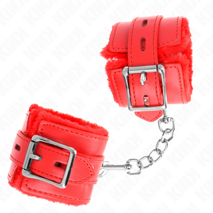 KINK - FUR LINED WRIST RESTRAINTS WITH SQUARE HOLES RED AND RED BELT ADJUSTABLE 17-29 CM X 6 CM - My naughty haven #