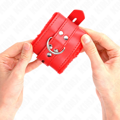KINK - FUR LINED WRIST RESTRAINTS WITH SQUARE HOLES RED AND RED BELT ADJUSTABLE 17-29 CM X 6 CM - My naughty haven #