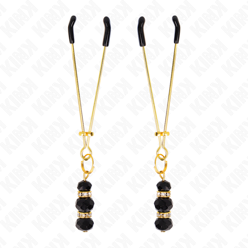 KINK - GOLD THIN NIPPLE CLAMPS WITH 3 BLACK GLASS BEADS 7 CM - My naughty haven #