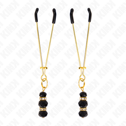 KINK - GOLD THIN NIPPLE CLAMPS WITH 3 BLACK GLASS BEADS 7 CM - My naughty haven #