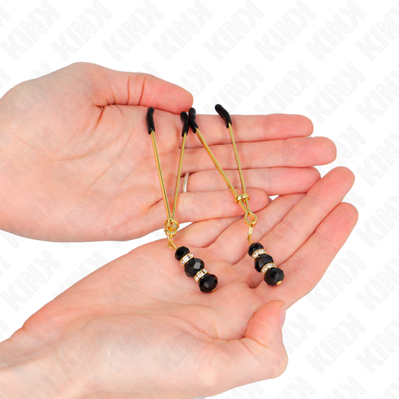 KINK - GOLD THIN NIPPLE CLAMPS WITH 3 BLACK GLASS BEADS 7 CM - My naughty haven #