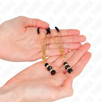 KINK - GOLD THIN NIPPLE CLAMPS WITH 3 BLACK GLASS BEADS 7 CM - My naughty haven #