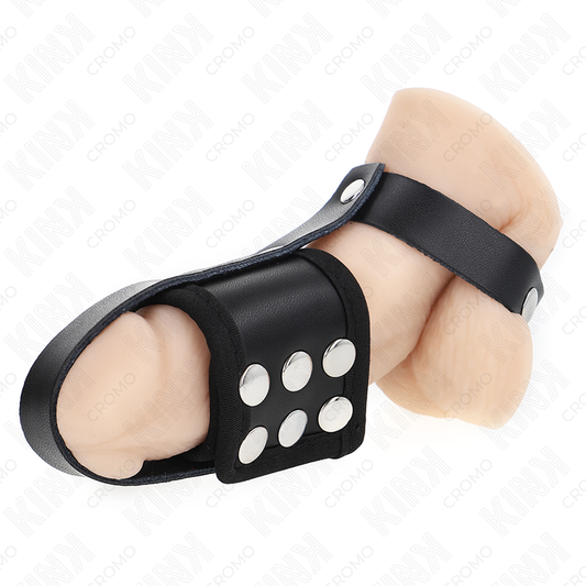KINK - LEATHER PENIS CAGE RING WITH ADJUSTABLE COATED BALL DIVIDER STRAP - My naughty haven #