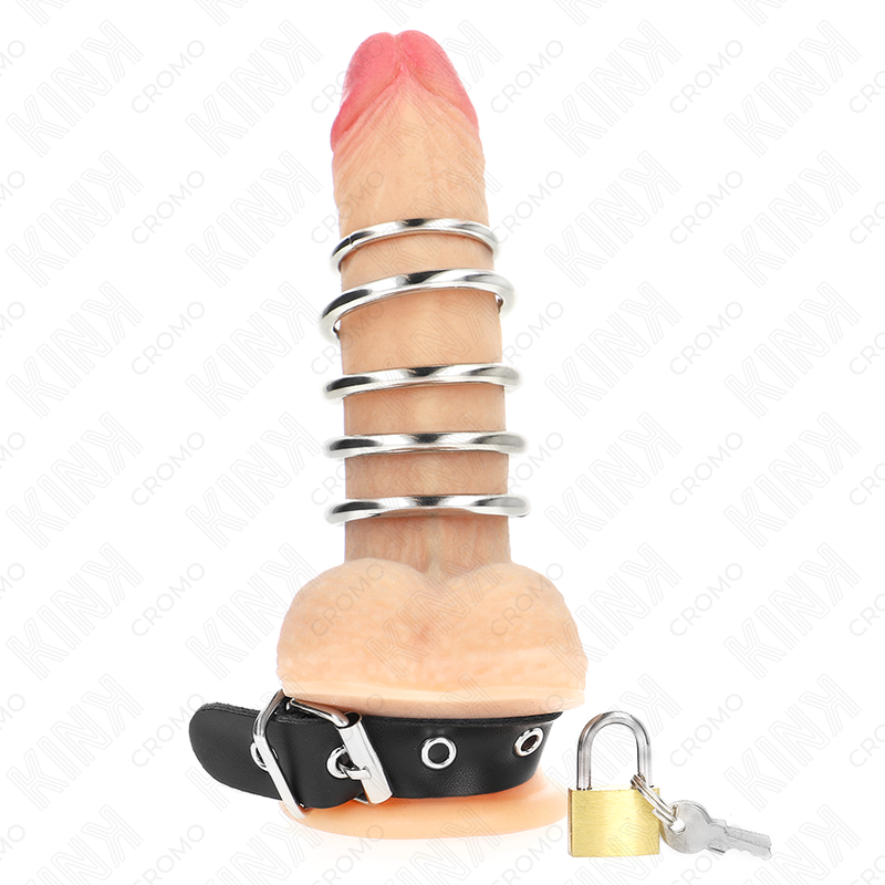 KINK - LEATHER PENIS RING WITH LOCK STRAP 21 X 2 CM AND 5 METAL RINGS FROM 3 CM TO 4 CM - My naughty haven #