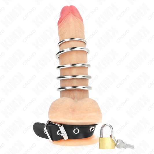 KINK - LEATHER PENIS RING WITH LOCK STRAP 21 X 2 CM AND 5 METAL RINGS FROM 3 CM TO 4 CM - My naughty haven #