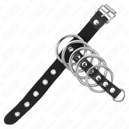 KINK - LEATHER PENIS RING WITH LOCK STRAP 21 X 2 CM AND 5 METAL RINGS FROM 3 CM TO 4 CM - My naughty haven #