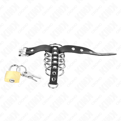 KINK - LEATHER PENIS RING WITH LOCK STRAP 21 X 2 CM AND 5 METAL RINGS FROM 3 CM TO 4 CM - My naughty haven #