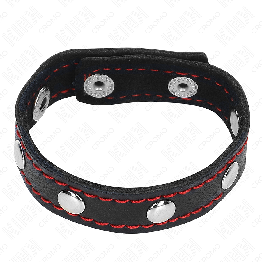 KINK - LEATHER PENIS RING WITH PRESSURE CLOSURE RED LINING 21 X 1.5 CM - My naughty haven #