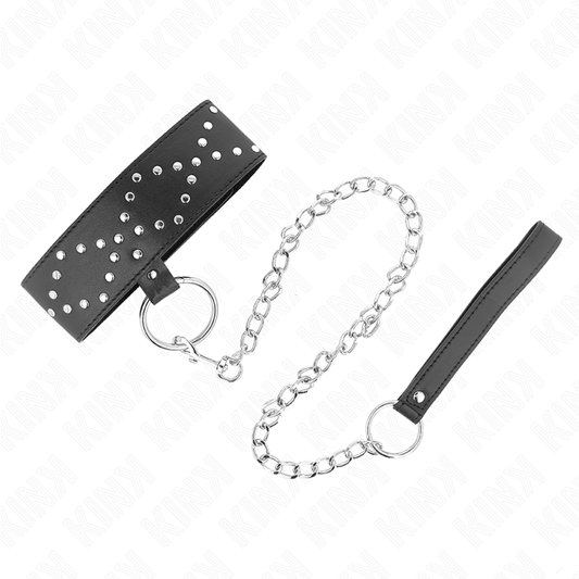 KINK - NECKLACE 65 CM WITH LEASH WITH SILVER STUDS MODEL 3 ADJUSTABLE 36-43 CM X 5 CM - My naughty haven #