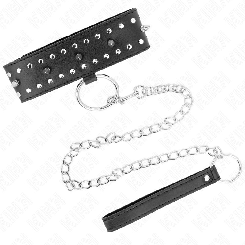 KINK - NECKLACE WITH LEASH 65 CM WITH SILVER STUDS MODEL 1 ADJUSTABLE 36-43 CM X 5 CM - My naughty haven #