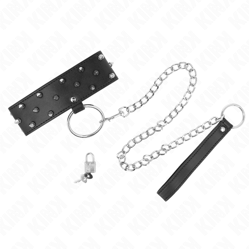 KINK - NECKLACE WITH LEASH 65 CM WITH SILVER STUDS MODEL 5 ADJUSTABLE 36-43 CM X 5 CM - My naughty haven #