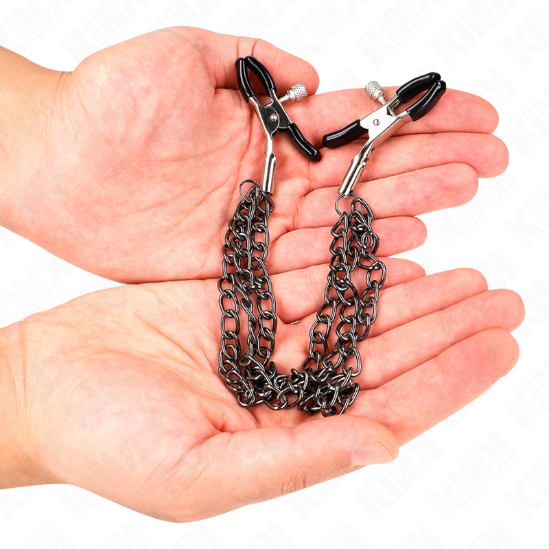 KINK - NIPPLE CLAMPS WITH 3 CHAINS BLACK 20/23/28 CM - My naughty haven #