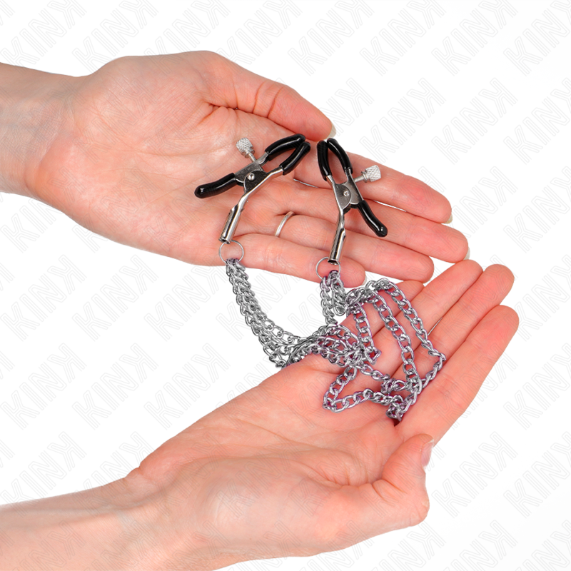 KINK - NIPPLE CLAMPS WITH 3 CHAINS SILVER 20/23/28 CM - My naughty haven #