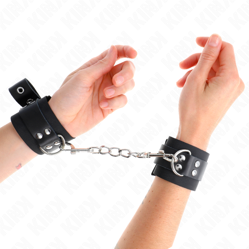 KINK - NYLON WRIST RESTRAINTS BLACK WITH LEATHER BELT BLACK ADJUSTABLE 19-29 CM X 5.1 CM - My naughty haven #