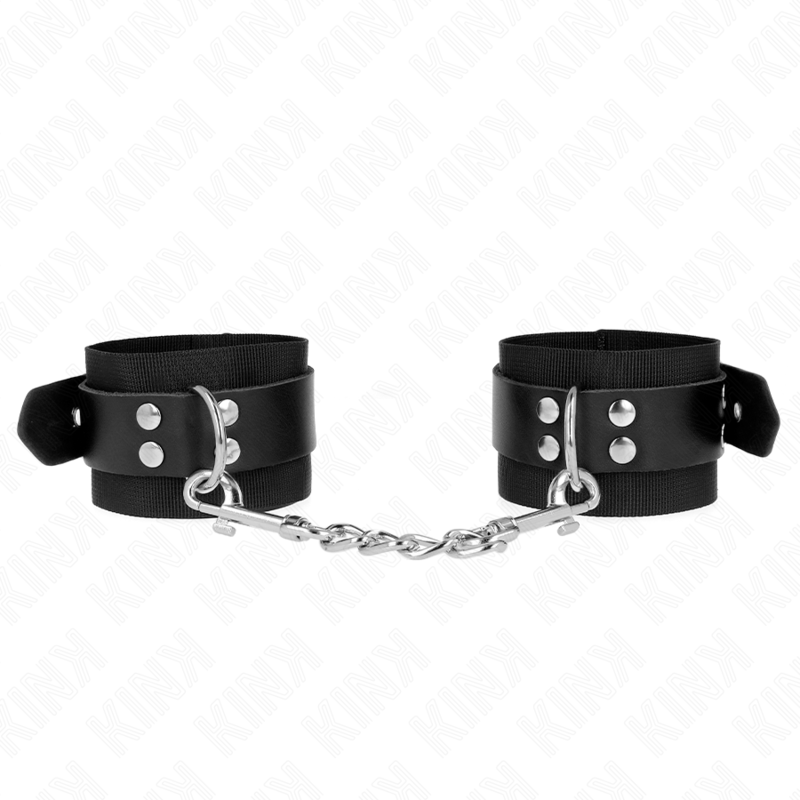 KINK - NYLON WRIST RESTRAINTS BLACK WITH LEATHER BELT BLACK ADJUSTABLE 19-29 CM X 5.1 CM - My naughty haven #