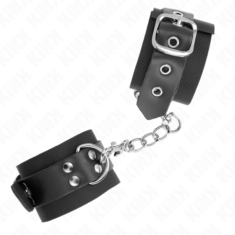 KINK - NYLON WRIST RESTRAINTS BLACK WITH LEATHER BELT BLACK ADJUSTABLE 19-29 CM X 5.1 CM - My naughty haven #