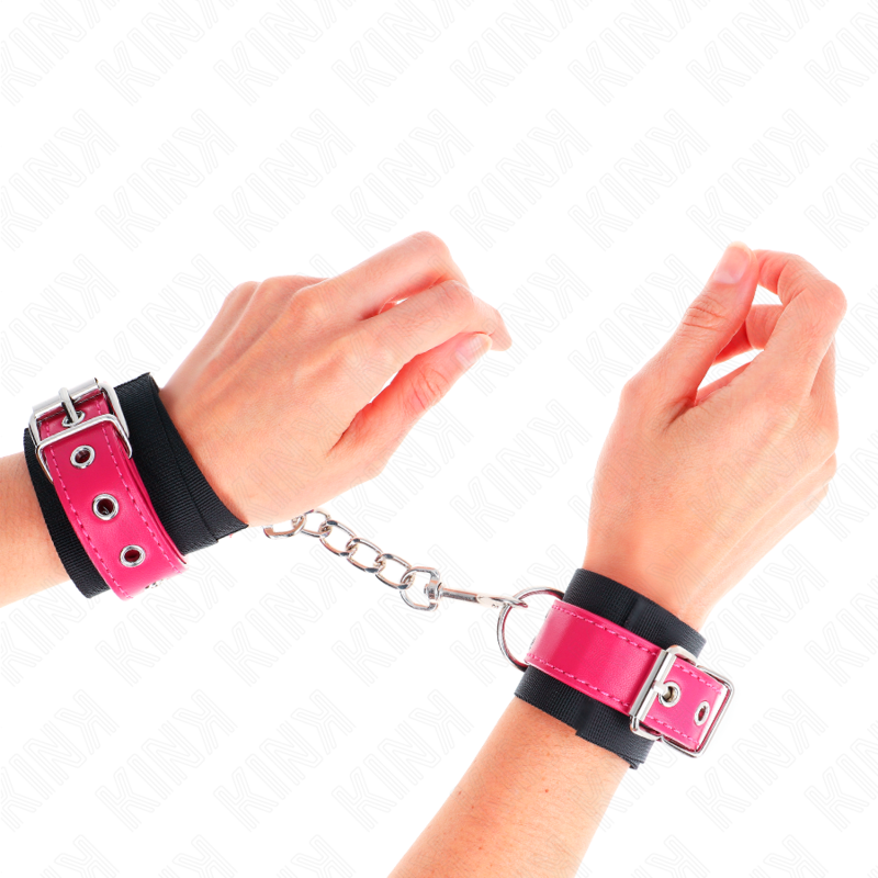 KINK - NYLON WRIST RESTRAINTS BLACK WITH LEATHERETTE BELT RASPBERRY ROSE ADJUSTABLE 19-29 CM X 5.1 CM - My naughty haven #