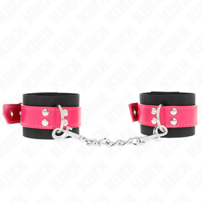 KINK - NYLON WRIST RESTRAINTS BLACK WITH LEATHERETTE BELT RASPBERRY ROSE ADJUSTABLE 19-29 CM X 5.1 CM - My naughty haven #