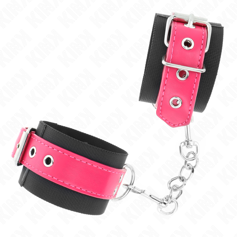 KINK - NYLON WRIST RESTRAINTS BLACK WITH LEATHERETTE BELT RASPBERRY ROSE ADJUSTABLE 19-29 CM X 5.1 CM - My naughty haven #