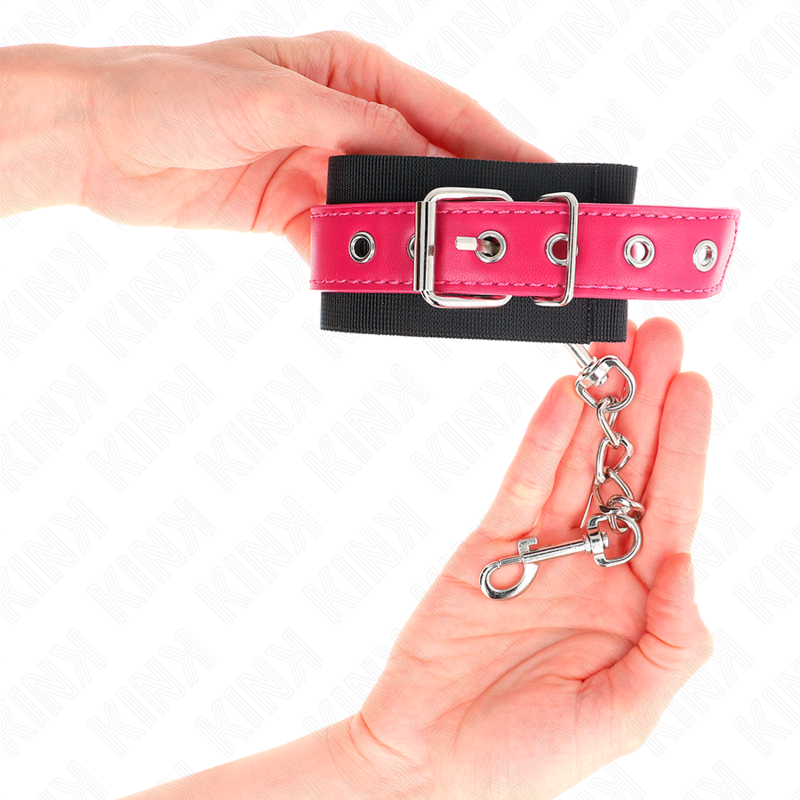 KINK - NYLON WRIST RESTRAINTS BLACK WITH LEATHERETTE BELT RASPBERRY ROSE ADJUSTABLE 19-29 CM X 5.1 CM - My naughty haven #