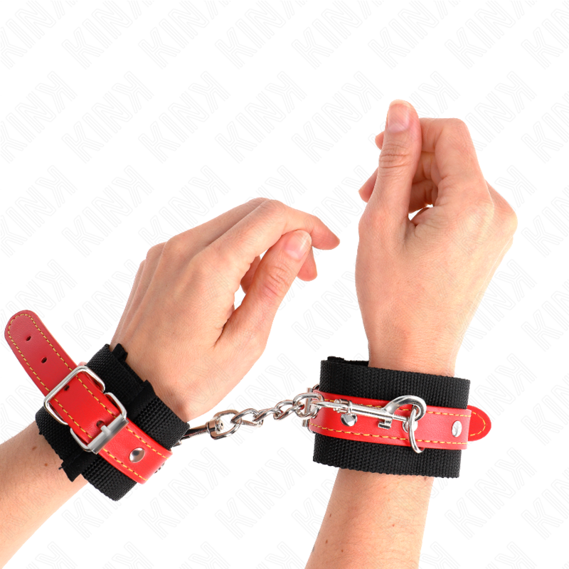 KINK - NYLON WRIST RESTRAINTS BLACK WITH LEATHERETTE RED ADJUSTABLE 19-24 CM X 5.5 CM - My naughty haven #