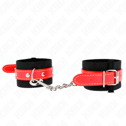 KINK - NYLON WRIST RESTRAINTS BLACK WITH LEATHERETTE RED ADJUSTABLE 19-24 CM X 5.5 CM - My naughty haven #