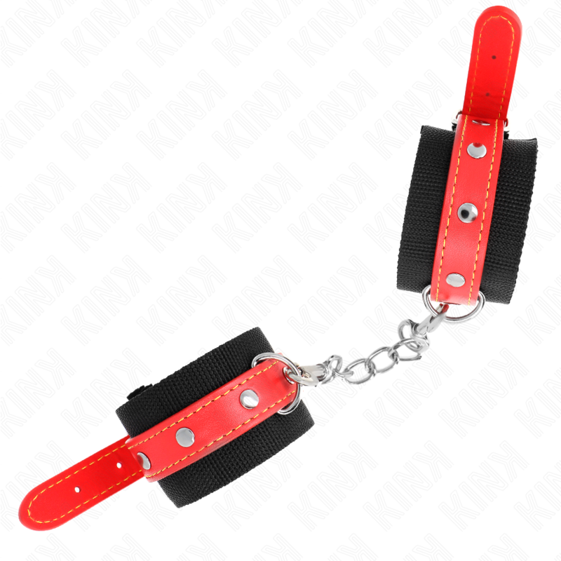 KINK - NYLON WRIST RESTRAINTS BLACK WITH LEATHERETTE RED ADJUSTABLE 19-24 CM X 5.5 CM - My naughty haven #