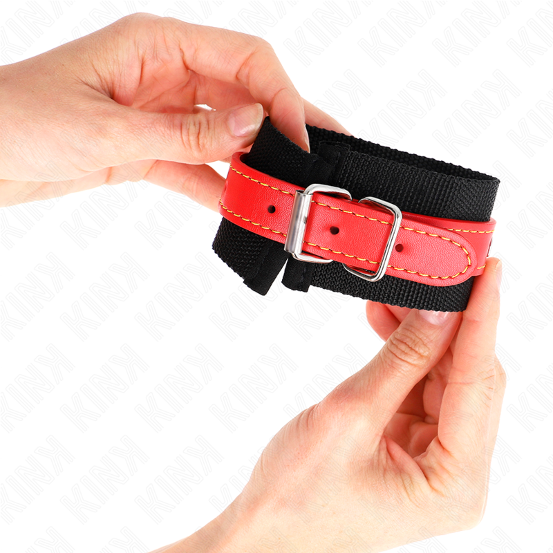 KINK - NYLON WRIST RESTRAINTS BLACK WITH LEATHERETTE RED ADJUSTABLE 19-24 CM X 5.5 CM - My naughty haven #