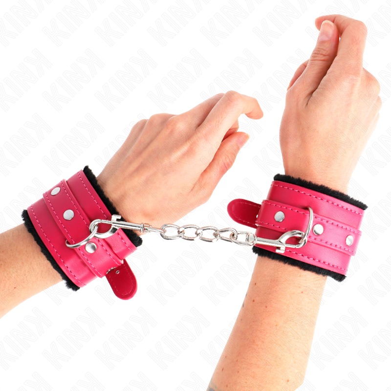 KINK - PREMIUM FUR LINED WRIST RESTRAINTS BLACK WITH RASPBERRY ROSE BELT ADJUSTABLE 17-29 CM X 6 CM - My naughty haven #