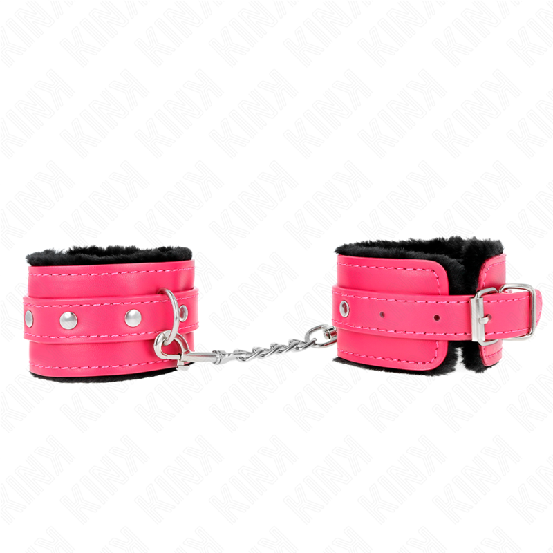 KINK - PREMIUM FUR LINED WRIST RESTRAINTS BLACK WITH RASPBERRY ROSE BELT ADJUSTABLE 17-29 CM X 6 CM - My naughty haven #