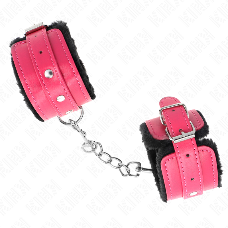 KINK - PREMIUM FUR LINED WRIST RESTRAINTS BLACK WITH RASPBERRY ROSE BELT ADJUSTABLE 17-29 CM X 6 CM - My naughty haven #