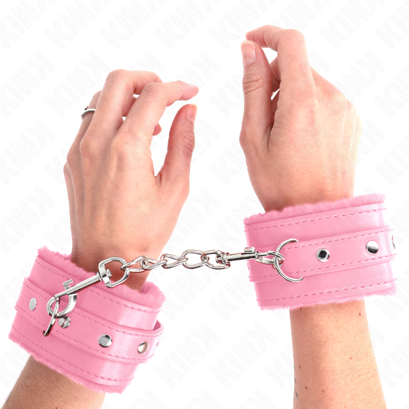KINK - PREMIUM FUR LINED WRIST RESTRAINTS PINK WITH PINK BELT ADJUSTABLE 17-29 CM X 6 CM - My naughty haven #