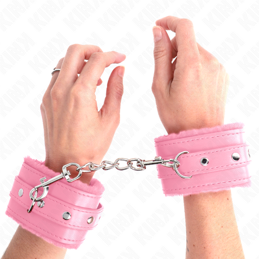 KINK - PREMIUM FUR LINED WRIST RESTRAINTS PINK WITH PINK BELT ADJUSTABLE 17-29 CM X 6 CM - My naughty haven #