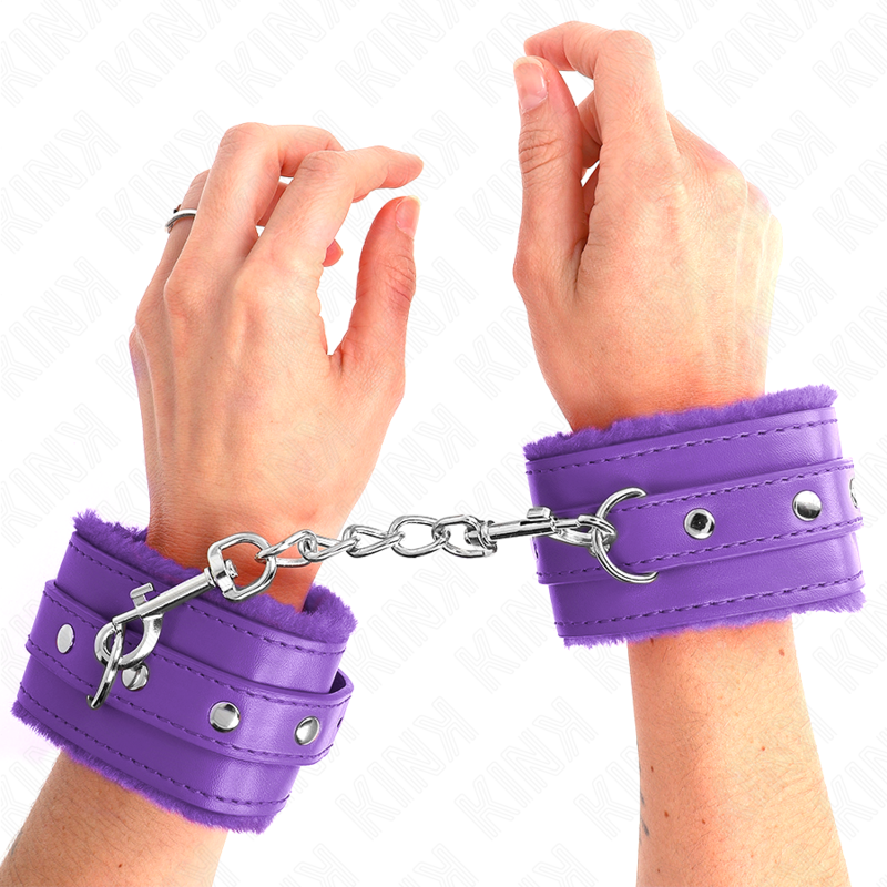 KINK - PREMIUM FUR LINED WRIST RESTRAINTS PURPLE WITH PURPLE BELT ADJUSTABLE 17-29 CM X 6 CM - My naughty haven #