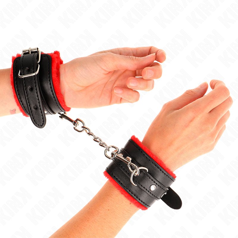 KINK - PREMIUM FUR LINED WRIST RESTRAINTS RED WITH BLACK BELT ADJUSTABLE 17-29 CM X 6 CM - My naughty haven #