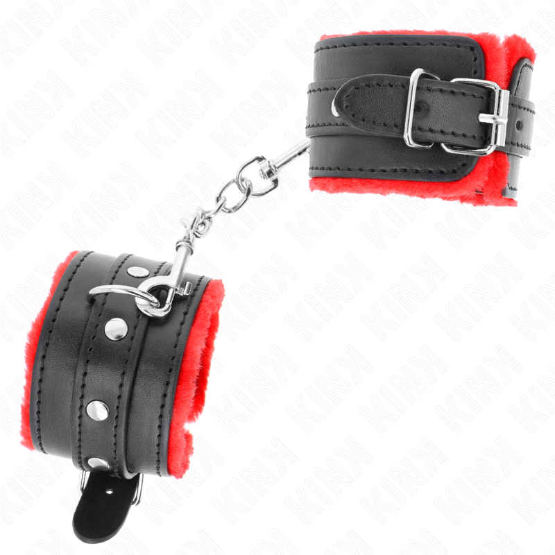 KINK - PREMIUM FUR LINED WRIST RESTRAINTS RED WITH BLACK BELT ADJUSTABLE 17-29 CM X 6 CM - My naughty haven #