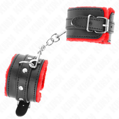 KINK - PREMIUM FUR LINED WRIST RESTRAINTS RED WITH BLACK BELT ADJUSTABLE 17-29 CM X 6 CM - My naughty haven #