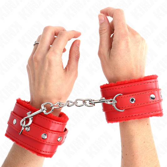 KINK - PREMIUM FUR LINED WRIST RESTRAINTS RED WITH RED BELT ADJUSTABLE 17-29 CM X 6 CM - My naughty haven #