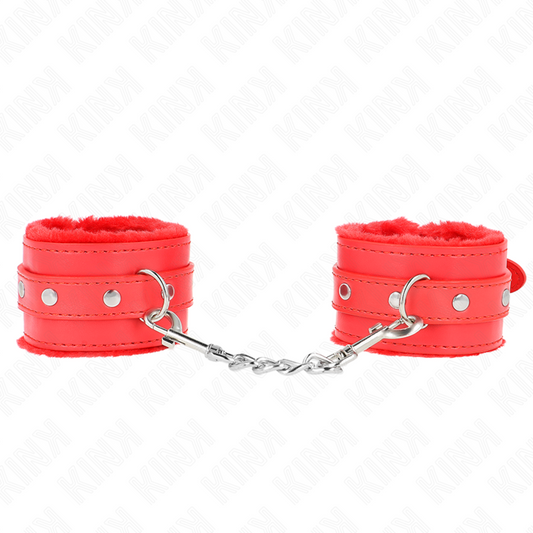 KINK - PREMIUM FUR LINED WRIST RESTRAINTS RED WITH RED BELT ADJUSTABLE 17-29 CM X 6 CM - My naughty haven #