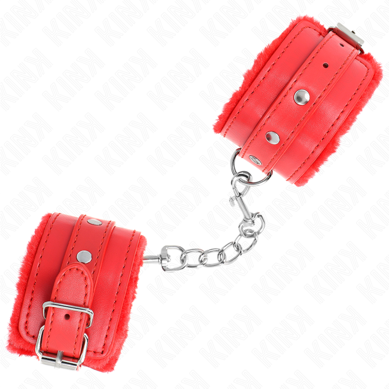 KINK - PREMIUM FUR LINED WRIST RESTRAINTS RED WITH RED BELT ADJUSTABLE 17-29 CM X 6 CM - My naughty haven #
