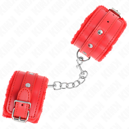 KINK - PREMIUM FUR LINED WRIST RESTRAINTS RED WITH RED BELT ADJUSTABLE 17-29 CM X 6 CM - My naughty haven #