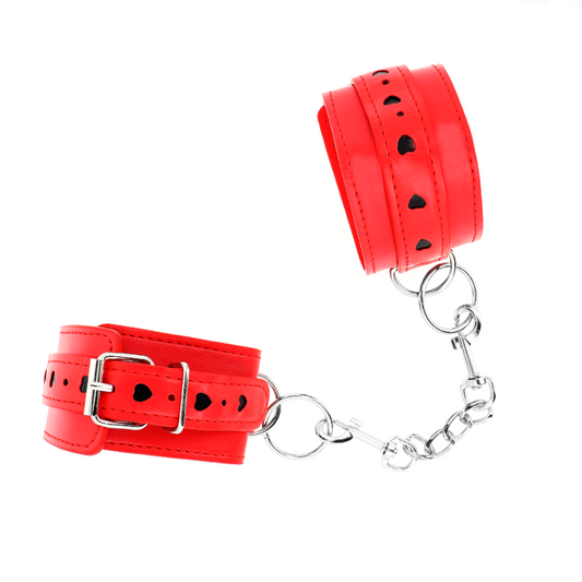 KINK - RED WRIST RESTRAINTS WITH BLACK HEART INLAY ADJUSTABLE 21-28 CM X 5.5 CM - My naughty haven #
