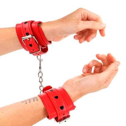 KINK - RED WRIST RESTRAINTS WITH BLACK HEART INLAY ADJUSTABLE 21-28 CM X 5.5 CM - My naughty haven #