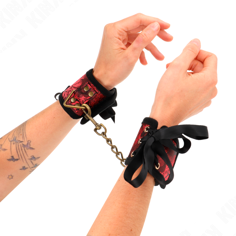 KINK - SCANDAL WRIST RESTRAINTS RED-BLACK LACE DETAILS 24.5 CM X 6.5 CM - My naughty haven #
